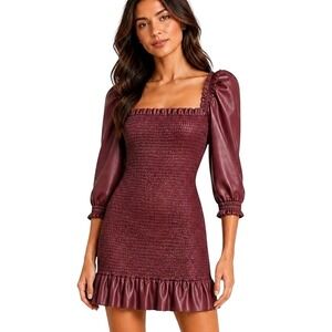 7 For All Mankind Mini Dress Womens M Oxblood Smocked Vegan Leather Coquette